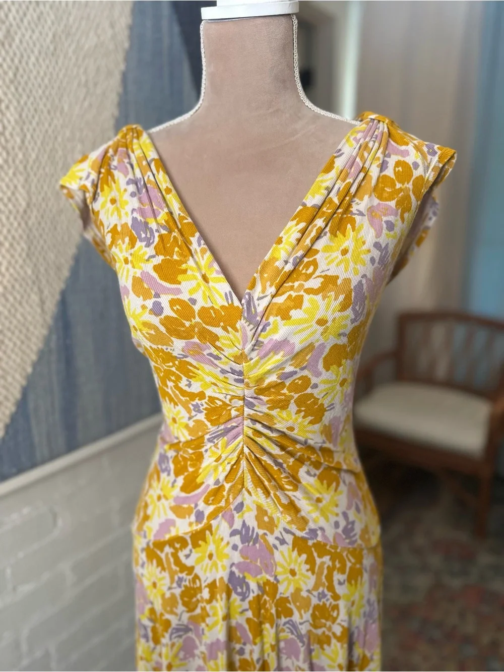 Free People Yellow and Purple Floral Ribbed Drop Waist Dress